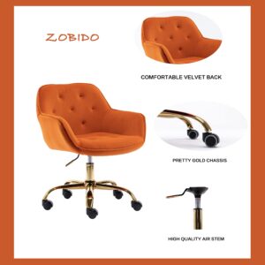 ZOBIDO Comfy Home Office Task Chair with Wheels, Cute Modern Upholstered Velvet Back Adjustable Swivel Vanity Desk Chair, for Women,for Girls, Living Room, Bedroom(Dark Orange)