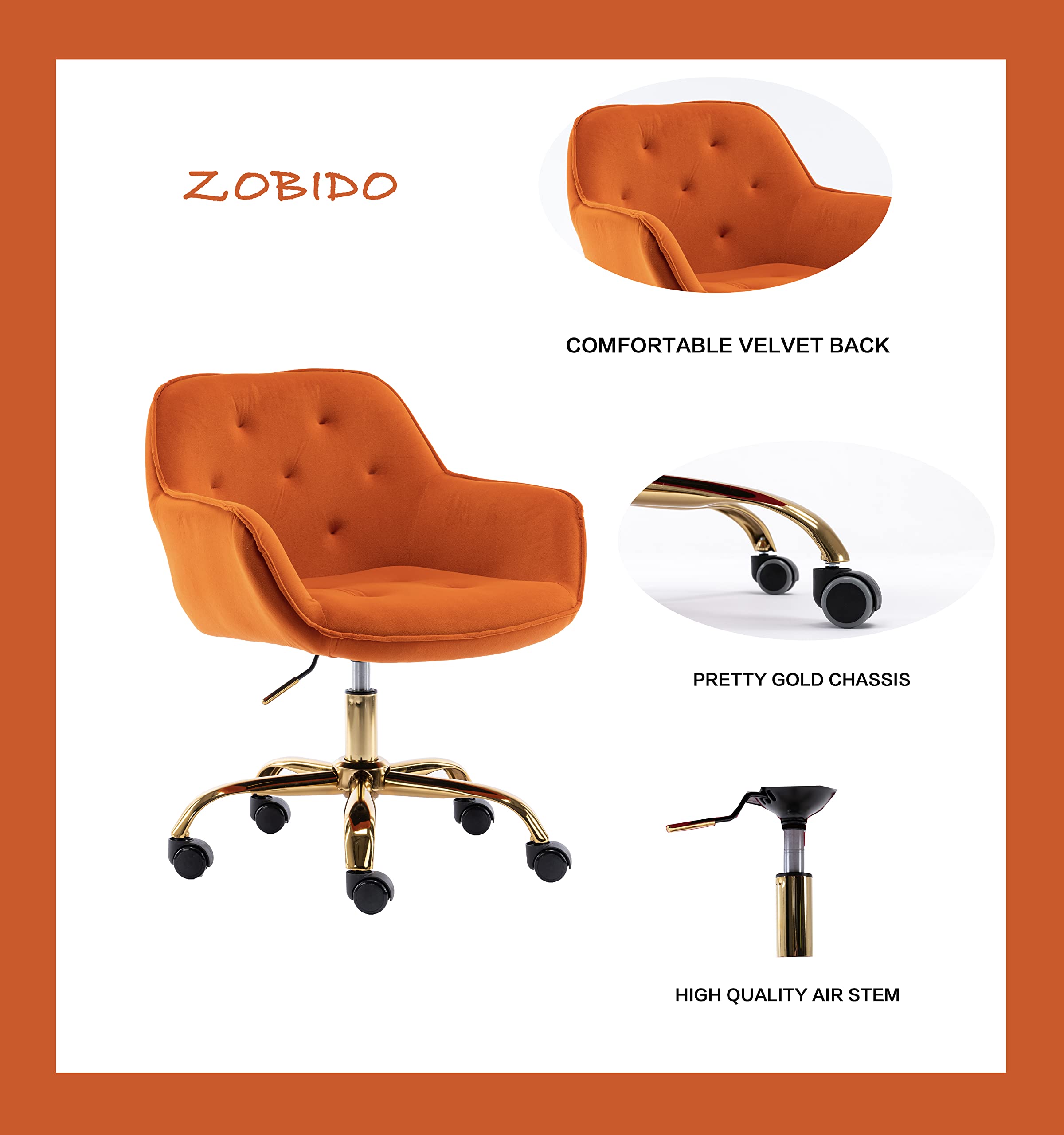 ZOBIDO Comfy Home Office Task Chair with Wheels, Cute Modern Upholstered Velvet Back Adjustable Swivel Vanity Desk Chair, for Women,for Girls, Living Room, Bedroom(Dark Orange)