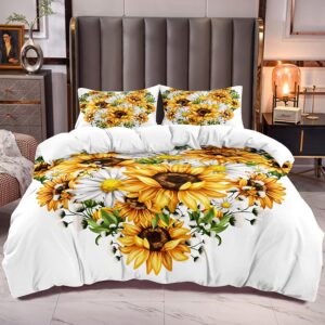 abosbeet cal king comforter cover sets sunflowers loving heart pattern botanical bedding sets 2 pillowshames white and yellow flowers bedding duvet cover