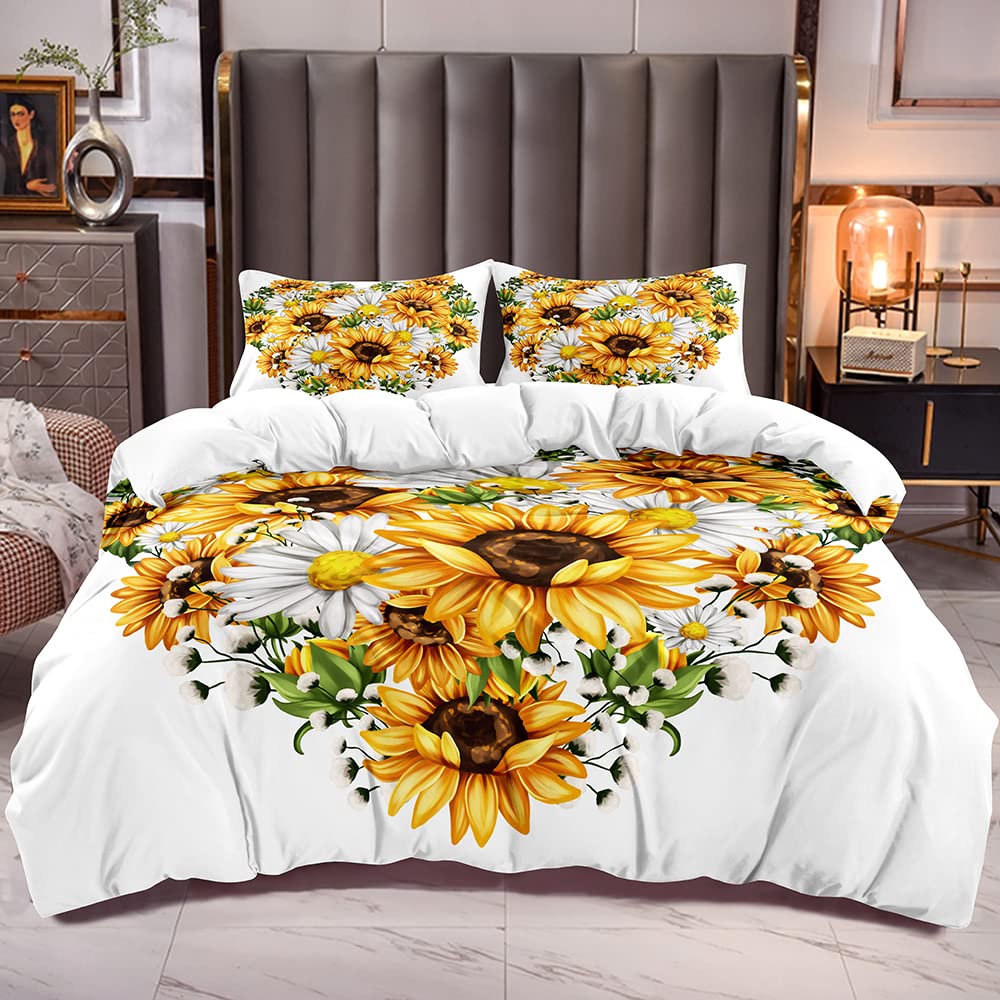 Abosbeet Cal King Comforter Cover Sets Sunflowers Loving Heart Pattern Botanical Bedding Sets 2 Pillowshames White and Yellow Flowers Bedding Duvet Cover