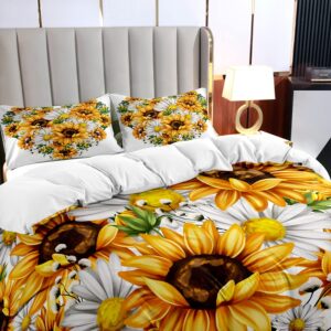 Abosbeet Cal King Comforter Cover Sets Sunflowers Loving Heart Pattern Botanical Bedding Sets 2 Pillowshames White and Yellow Flowers Bedding Duvet Cover