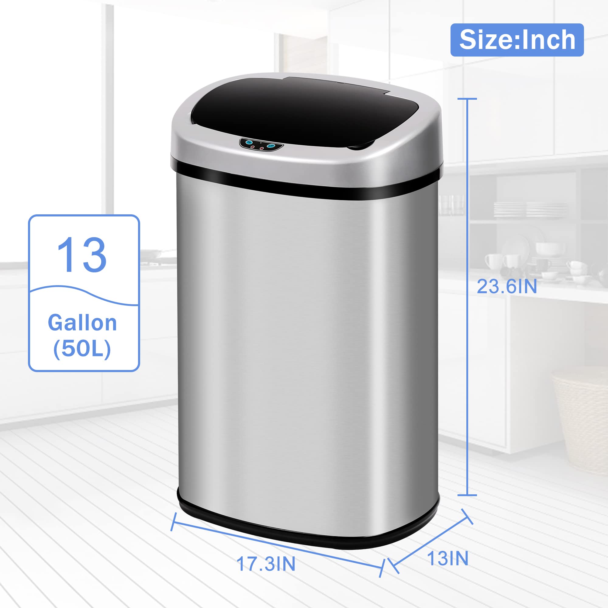 PikaTop Stainless Steel 13 Gallon Trash Can, Simple Trash Bin with Automatic Touchless Infrared Motion Sensor, Fingerprint-Resistant, Hygienic and Multi-Functional