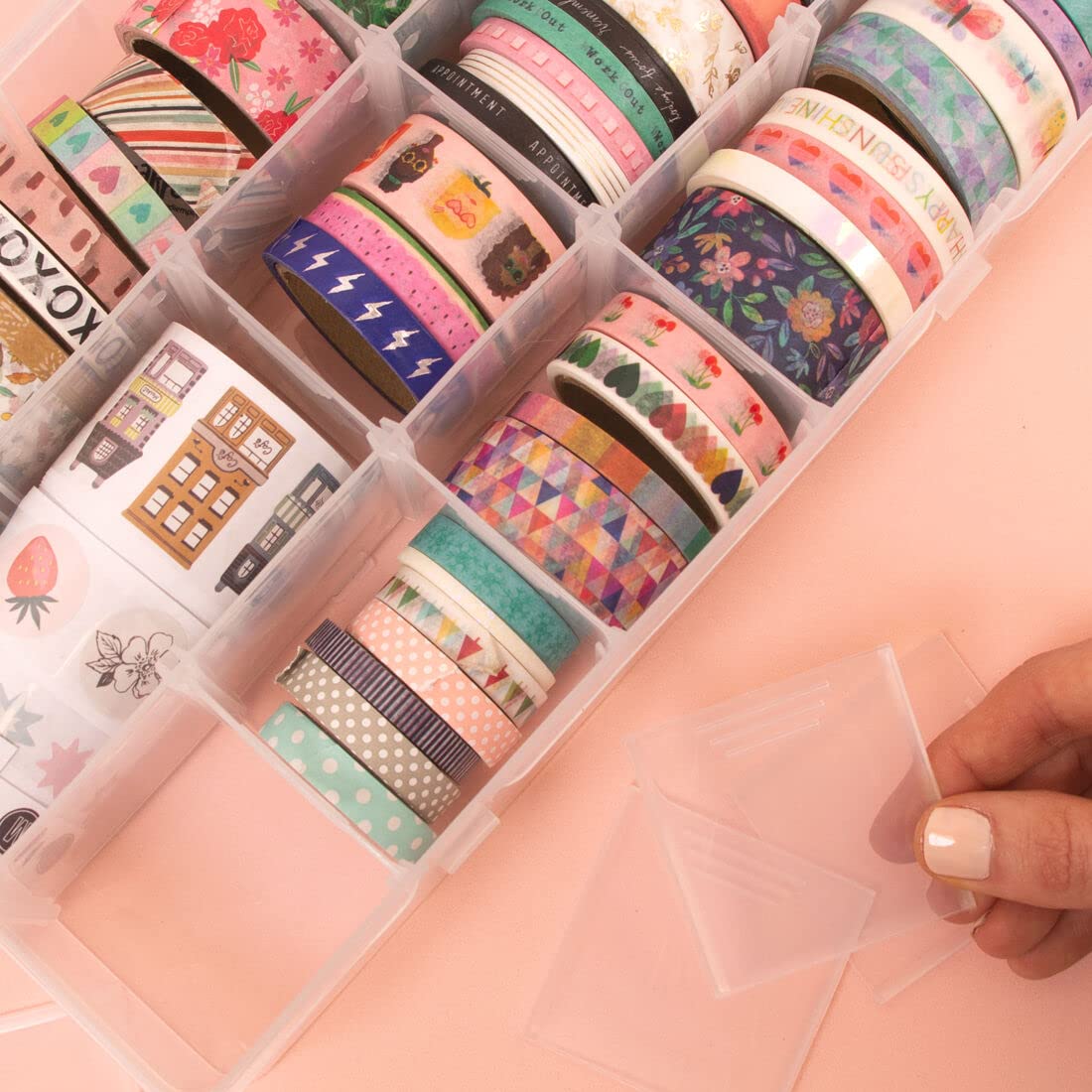 Craftelier - Washi Tapes Organiser Box | Transparent with Adjustable Compartments | Box Size: 28 x 17 x 5,6 cm - Minimum Compartment Size: 5,5 x 5,5 cm