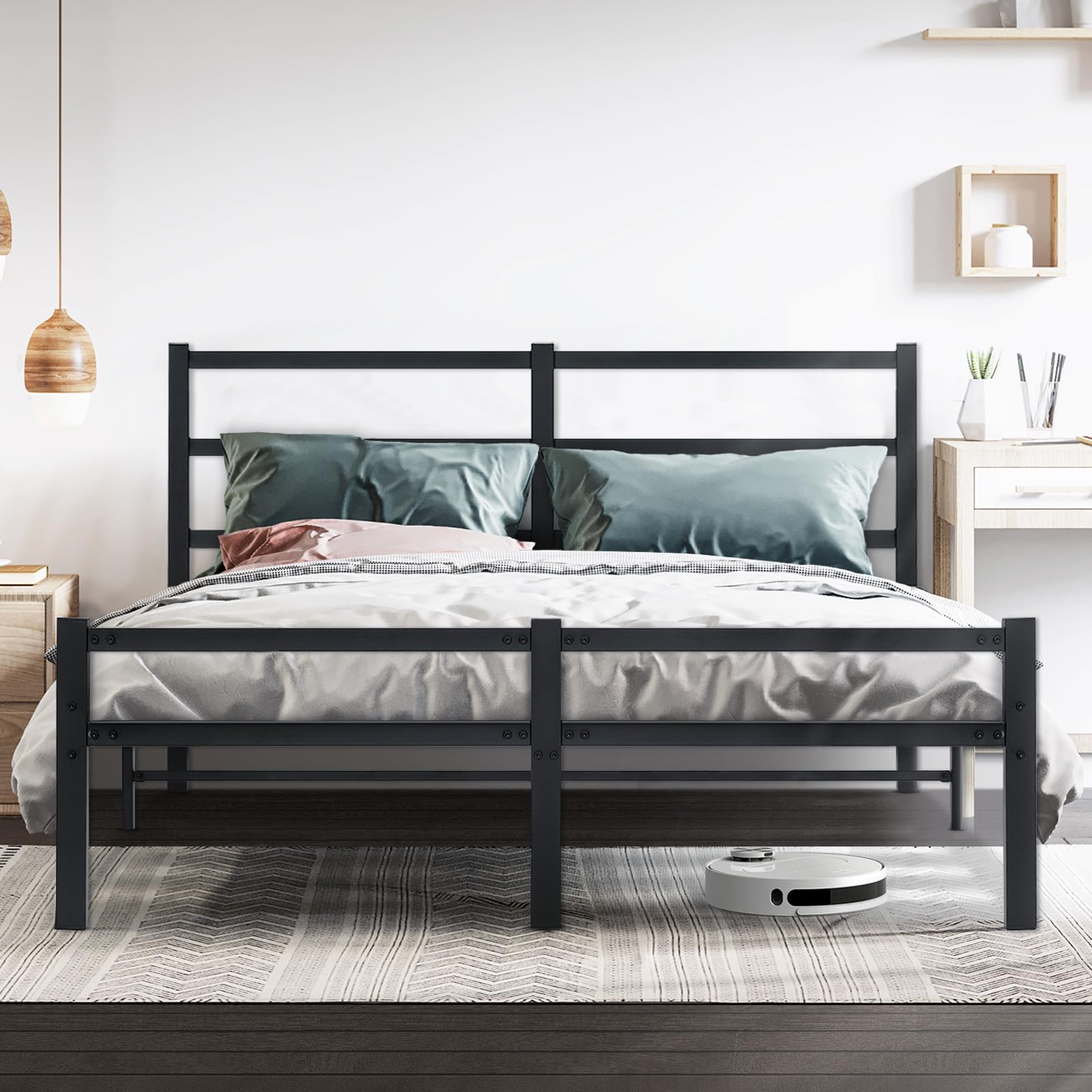 LUSIMO Full Bed Frame with Headboard Full Size Platform Bed with Storage 14 Inch Metal BedFrame No Box Spring Needed Heavy Duty Steel Slat Anti Slip Support Easy Quick Lock Assembly Black