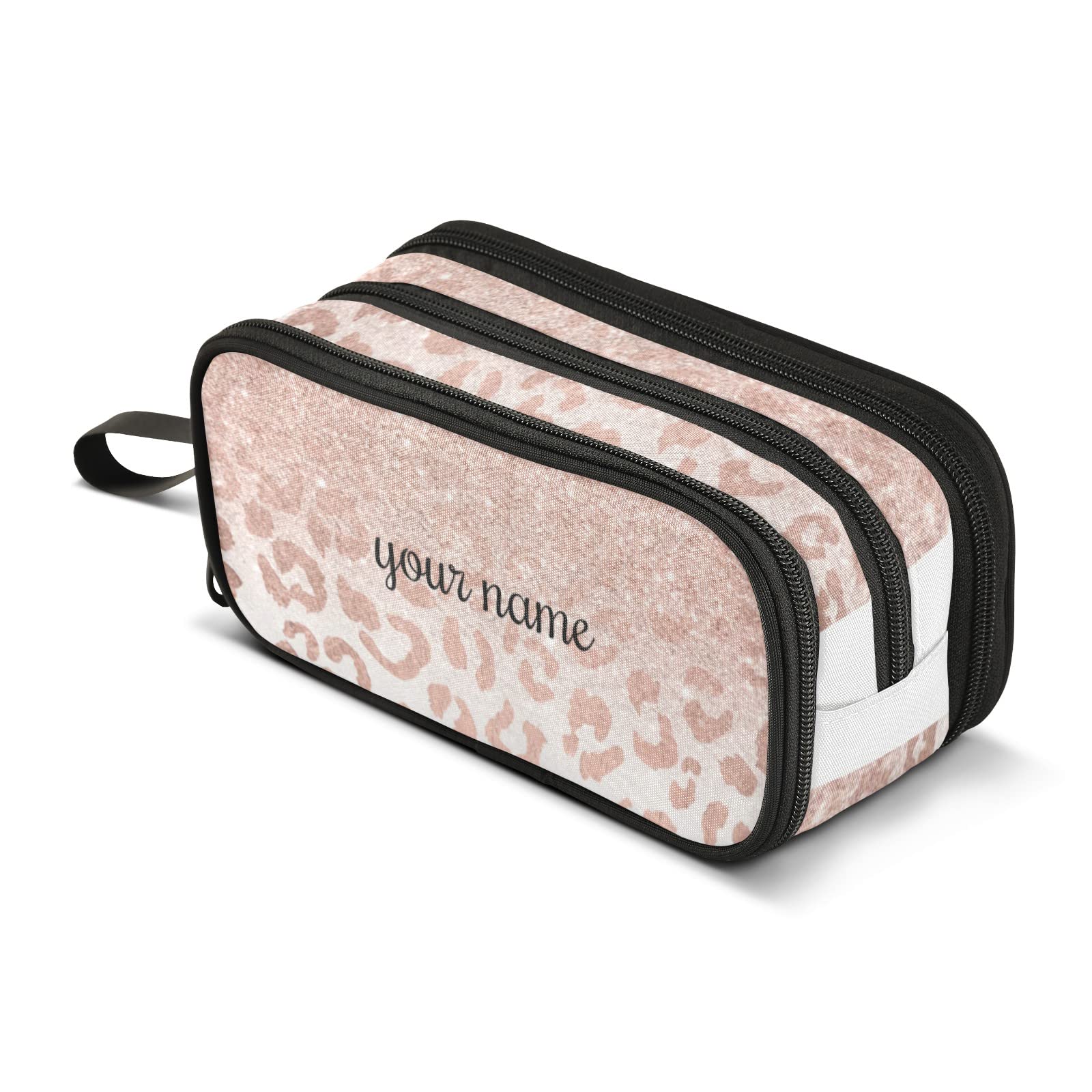 Personalized Modern Rose Gold Glitter Leopard pattern Prints Pencil Case Big Capacity Custom name Pencil Bag Makeup Pen Pouch Durable Students Stationery