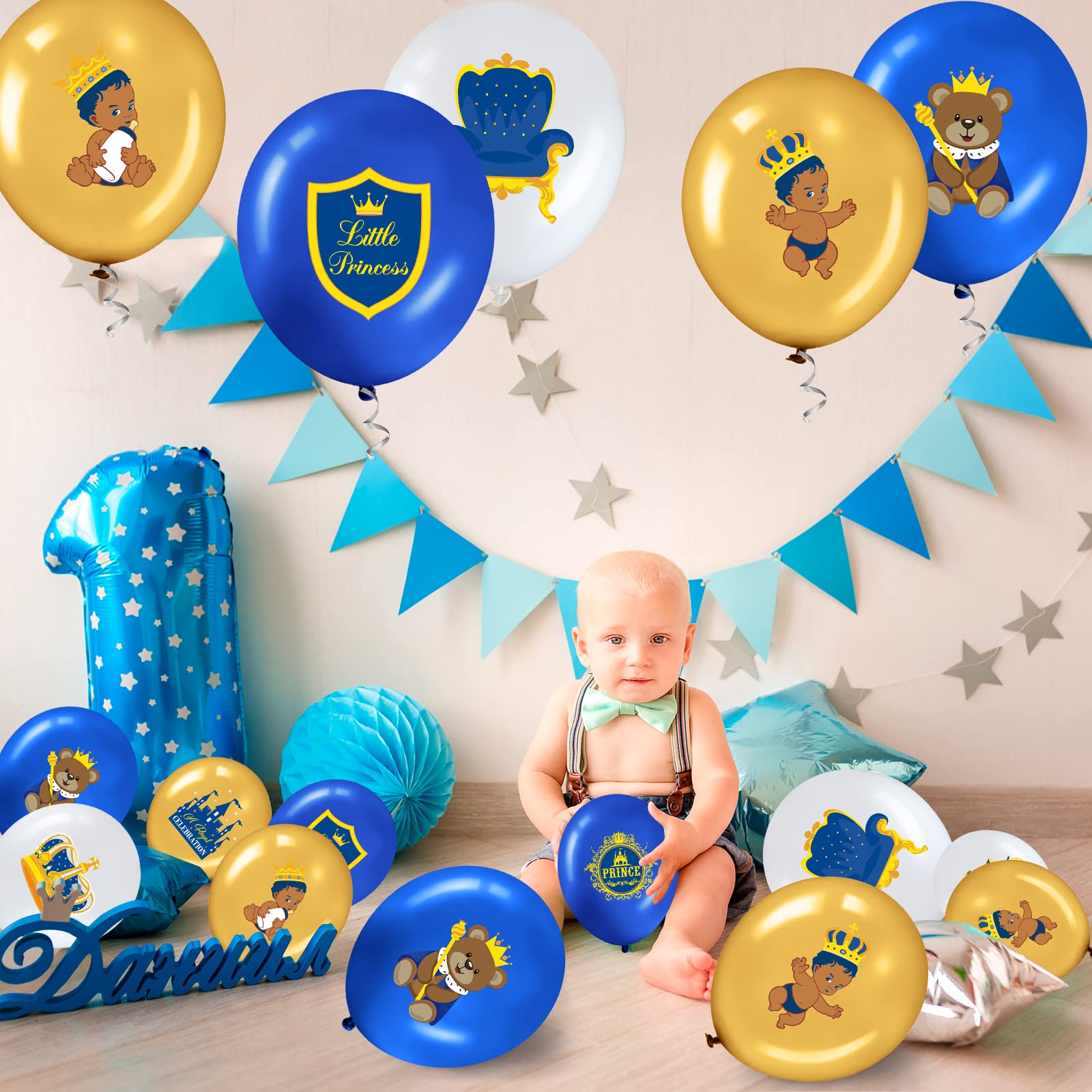 45 Pcs Royal Prince Balloons Blue and Gold Castle Crown Latex Balloon 12 Inches Prince Birthday Party Balloons Royal Blue Gold White Balloons for Baby Shower and Boys Birthday Theme Party Decoration