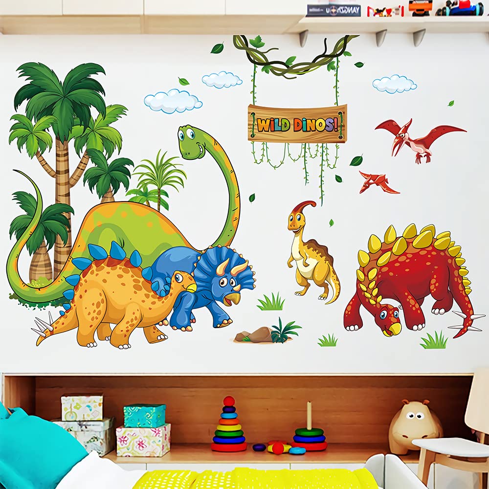 Supzone Dinosaur Wall Stickers Cartoon Dino Wall Decal Wild Tree Dino Wall Art Sticker for Boy's Room Kids Baby Nursery Bedroom Playroom Living Room Wall Decor