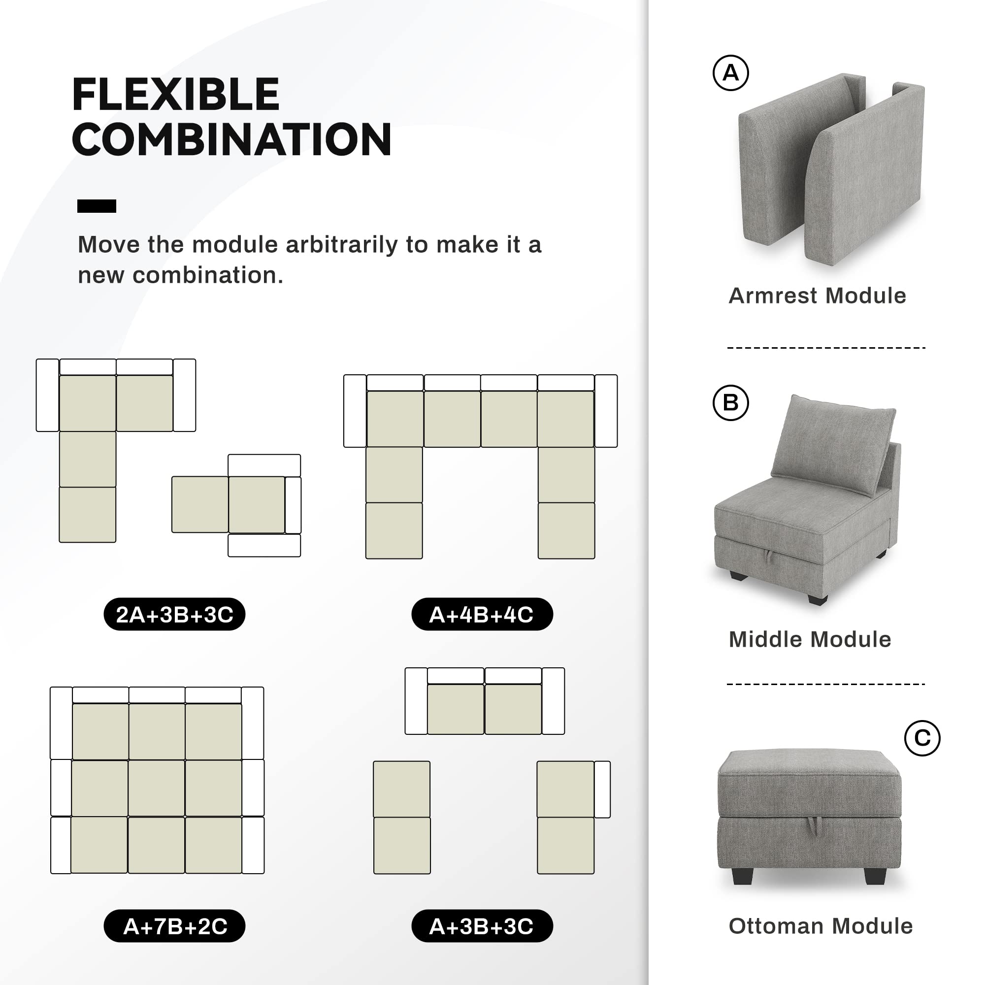 HONBAY Reversible Sectional Sofa with Chaise Modern Fabric Modular Sofa Couch with Ottoman L Shaped Couch with Storage Seat for Small Space, Grey