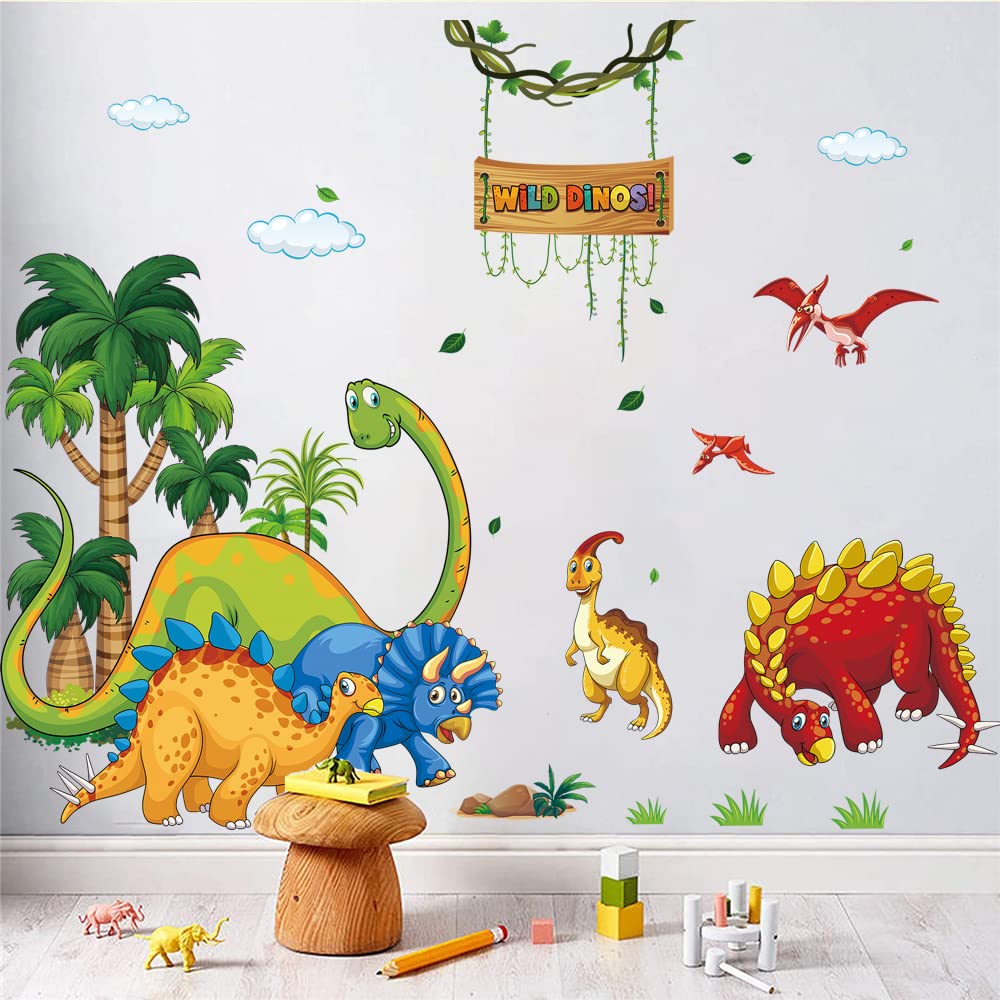 Supzone Dinosaur Wall Stickers Cartoon Dino Wall Decal Wild Tree Dino Wall Art Sticker for Boy's Room Kids Baby Nursery Bedroom Playroom Living Room Wall Decor