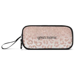 personalized modern rose gold glitter leopard pattern prints pencil case big capacity custom name pencil bag makeup pen pouch durable students stationery