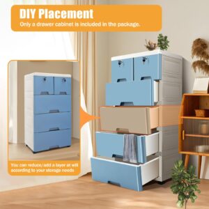 WOQLIBE Dresser Drawer Organizers,Plastic Dresser with 6 Drawers, Tall Lockable Storage Cabinet with Wheel, Dresser Drawer Organizers for Baby Clothing/Bedroom/Playing Room,19.7x13.8x40 in(Blue)