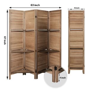 Babion 4 Panels Room Divider, Privacy Screen Room Dividers and Folding Privacy Screen, Room Dividers with 3 Display Shelves, 5.6 Ft Tall Wood Room Divider, Partition Wall for Home Office, Brown