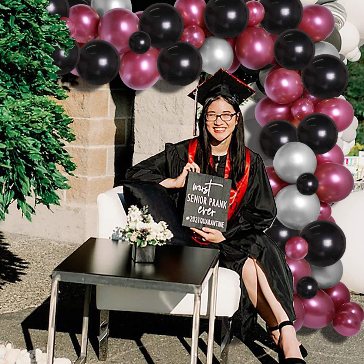 Graduation Party Decorations Maroon Black 2024/Burgundy Black Graduation Decorations/Burgundy Silver Black Balloons 45Pcs Burgundy Black Birthday Decorations