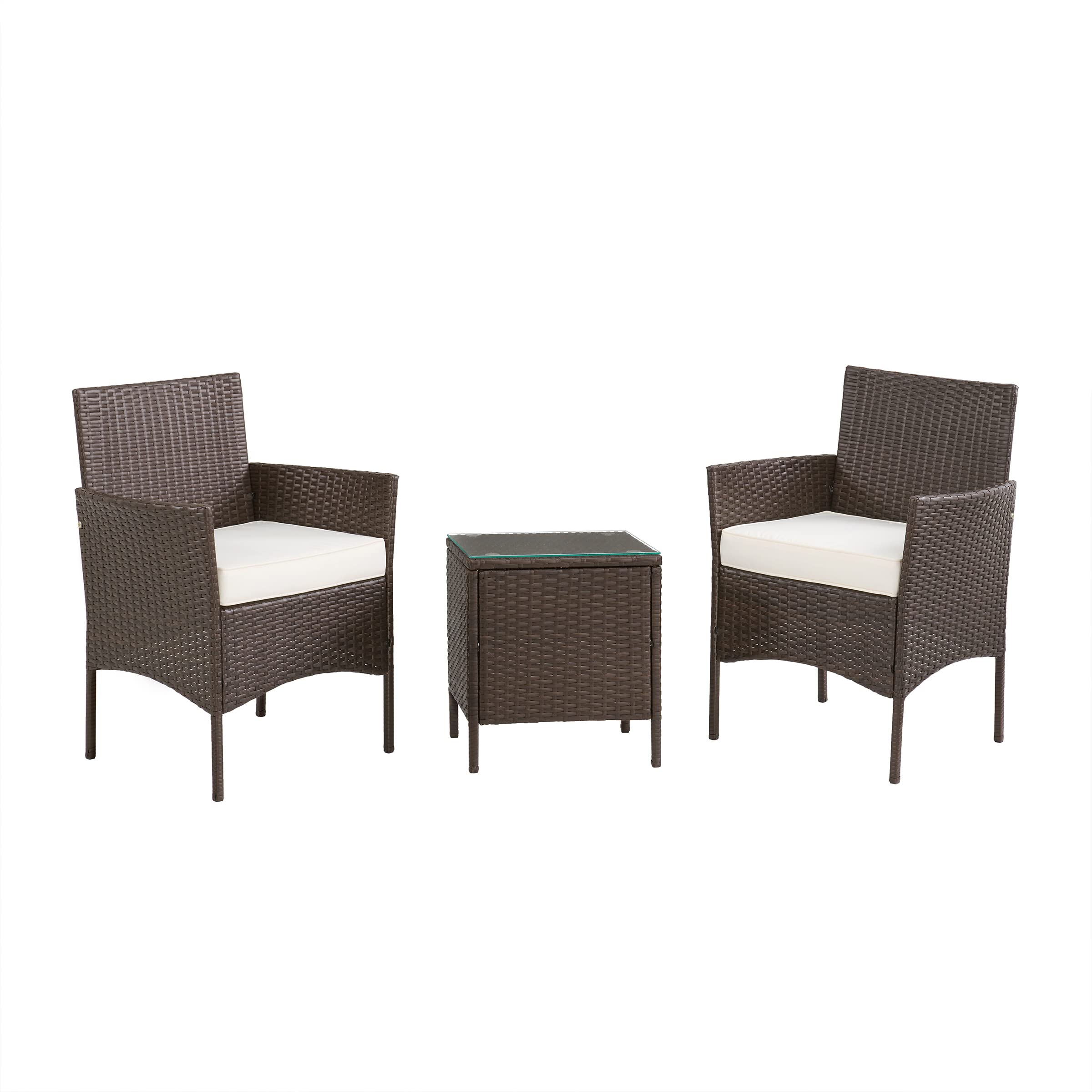 Lavish Home 80-OUTD-WK-CUSHCHTBL (Brown) Outdoor Patio Set – 3-Piece Rattan Seating Combo with 2 Cushioned Chairs and Table for Deck or Front Porch Furniture