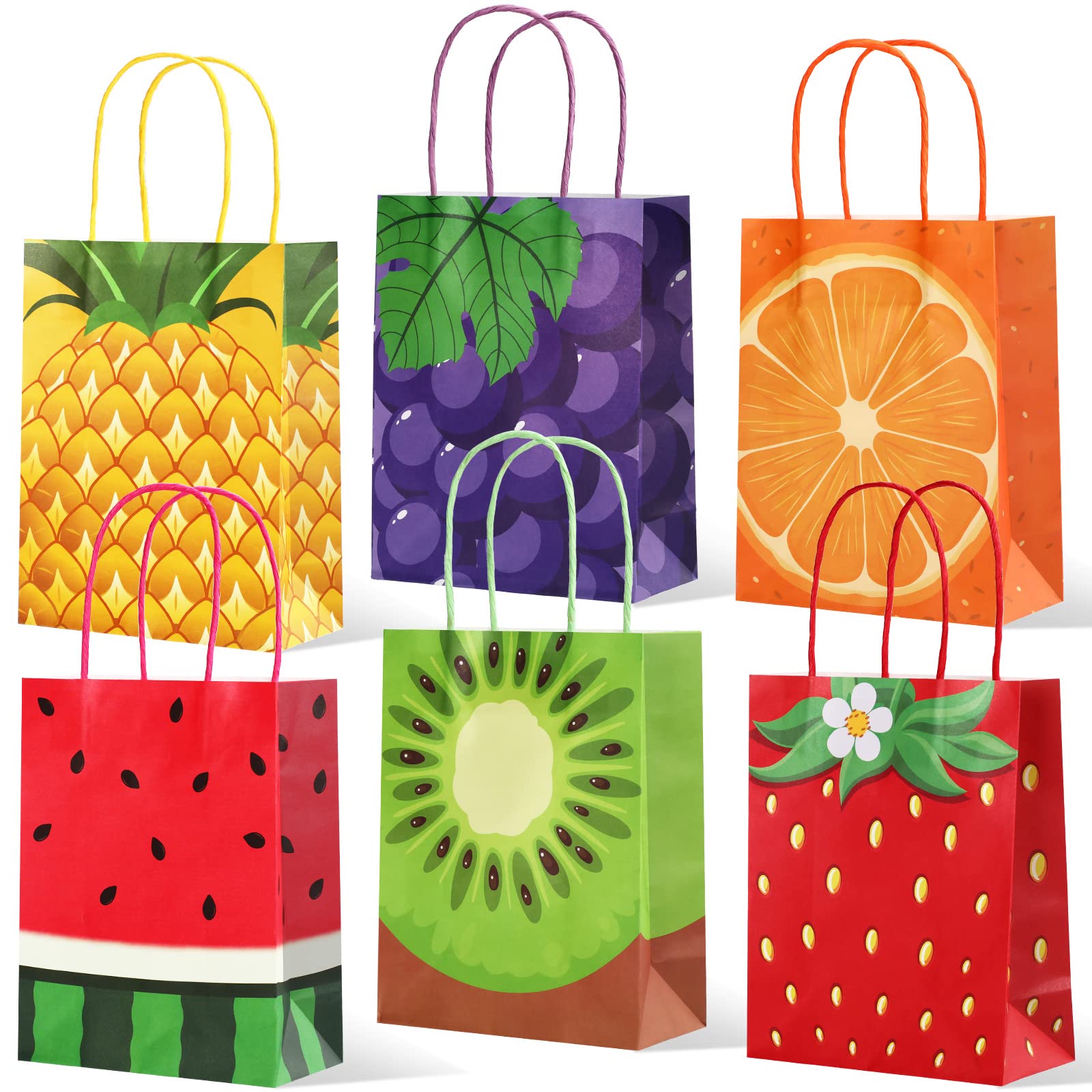 24 Pieces Summer Fruit Party Favor Bags, Paper Tutti Frutti Gift Treat Bag with Colorful Handle Candy Goodie Bag for Themed Birthday Baby Shower Party Supplies (Watermelon Kiwi Strawberry Orange)