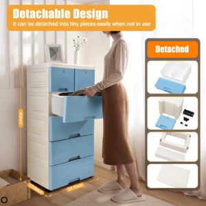 WOQLIBE Dresser Drawer Organizers,Plastic Dresser with 6 Drawers, Tall Lockable Storage Cabinet with Wheel, Dresser Drawer Organizers for Baby Clothing/Bedroom/Playing Room,19.7x13.8x40 in(Blue)