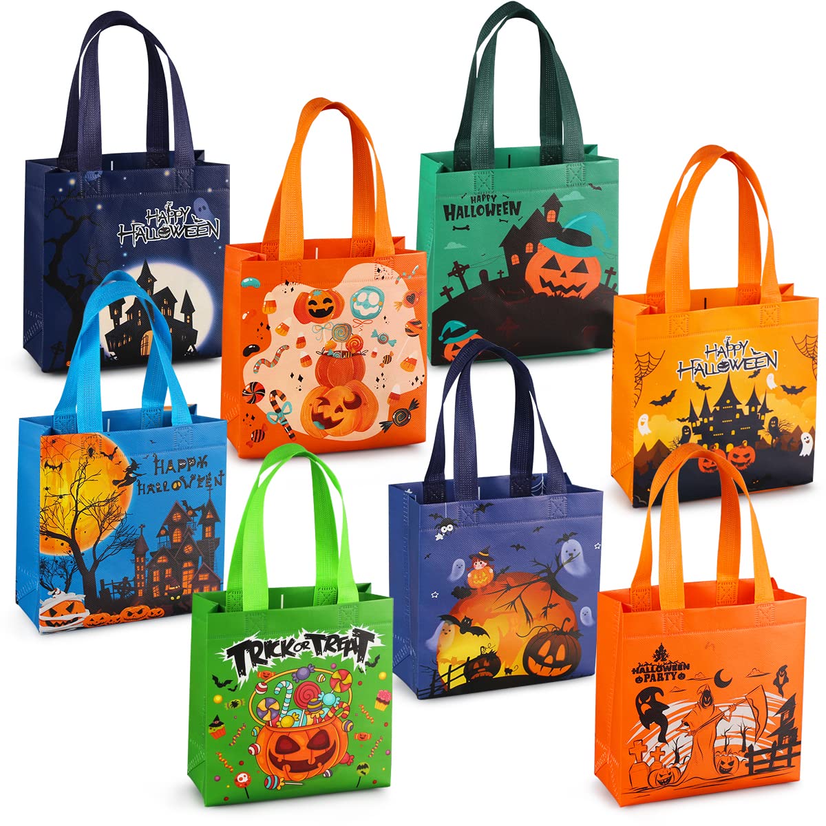 PARSUP 8PCS Halloween Trick or Treat Bags, Halloween Tote Bags with Handles, Gift Bags, Multifunctional Non-Woven Halloween Bags for Gifts Wrapping, Halloween Party Supplies, 7.9"×7.9"×3.15"