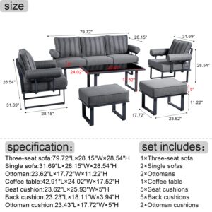 HOOOWOOO Aluminum Patio Conversation Set of 6 Pieces Weather Resistant Outdoor Furniture Sofa Set with Armrest Cushion,Armchairs,Ottomans and Coffee Table,Gray Frame Gray Stripes Cushions