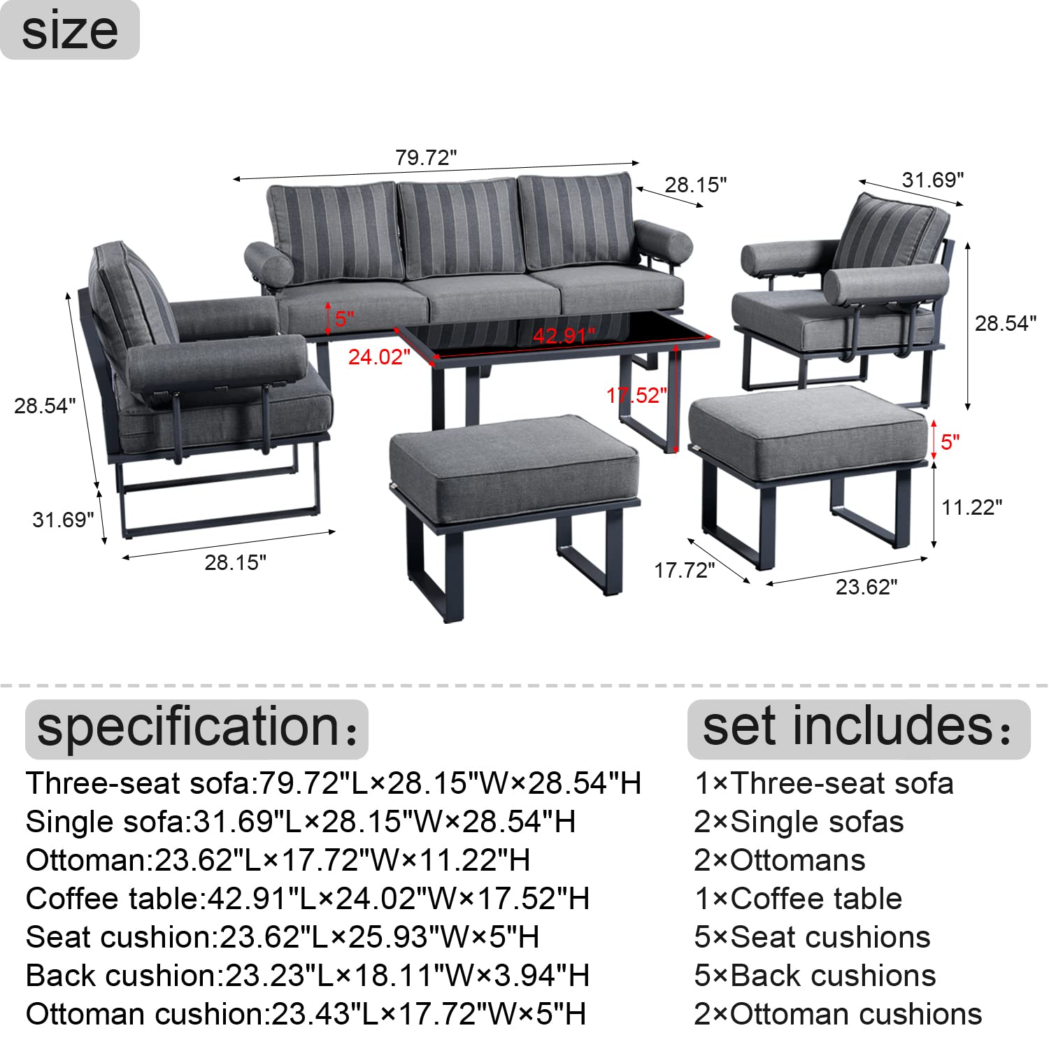 HOOOWOOO Aluminum Patio Conversation Set of 6 Pieces Weather Resistant Outdoor Furniture Sofa Set with Armrest Cushion,Armchairs,Ottomans and Coffee Table,Gray Frame Gray Stripes Cushions