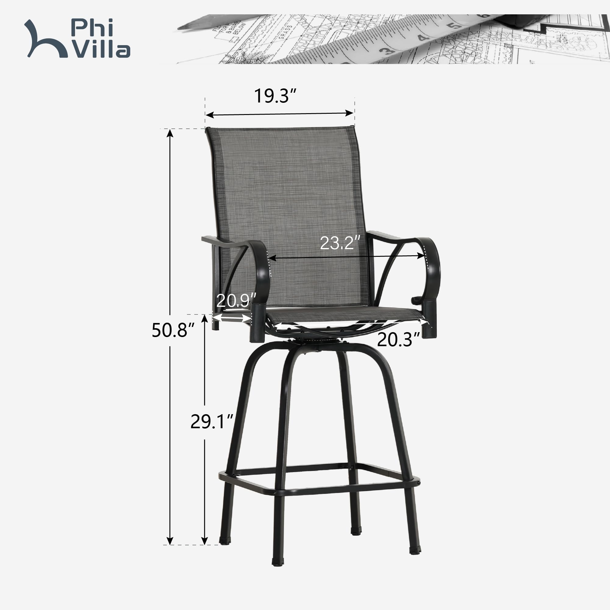 PHI VILLA Outdoor Swivel Bar Stools Set of 4, High Top Patio Bar Stools & Chairs with Armrest & Textilene Fabric for Outside, Grey