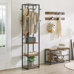 IBUYKE Coat Rack with Shelves, Freestanding Hall Tree with 3 Shelves and 8 Hooks, Industrial Clothes Stand for Entryway, Hallway, Bedroom, Rustic Brown UTMJ088H