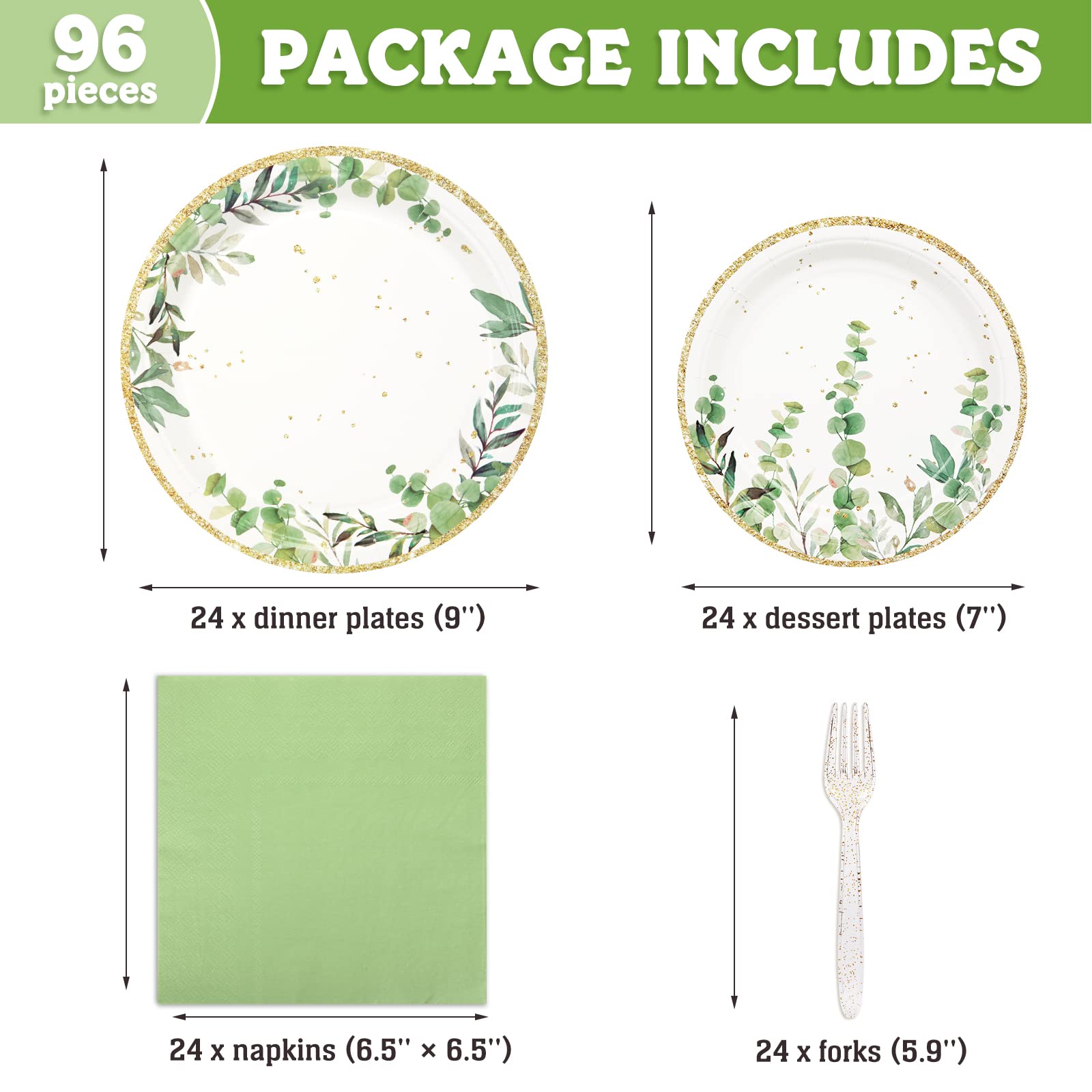 DECORLIFE Sage Green Paper Plates Serves 24, Baby Shower Plates and Napkins Set for Greenery Bridal Shower Birthday Party, Total 96PCS