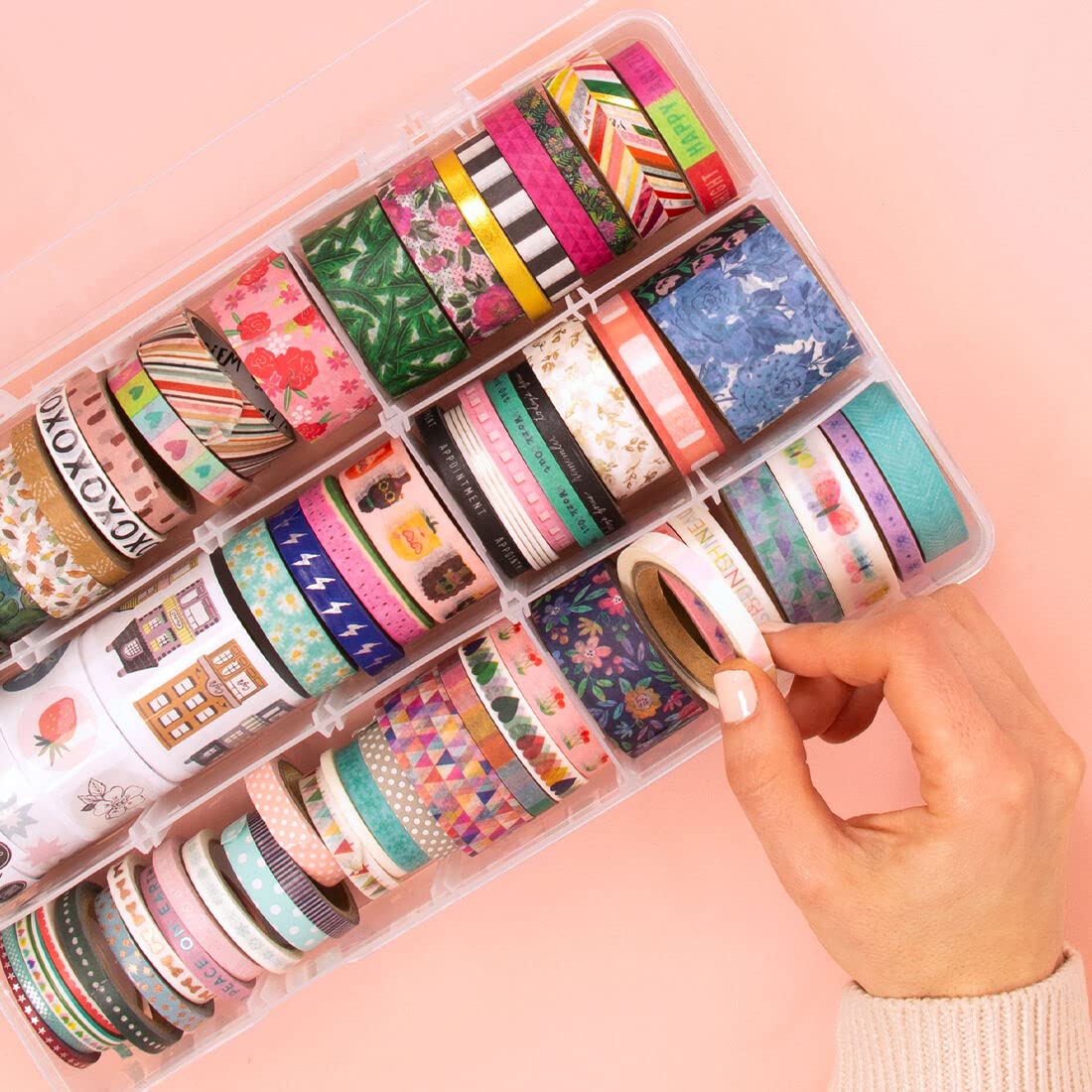 Craftelier - Washi Tapes Organiser Box | Transparent with Adjustable Compartments | Box Size: 28 x 17 x 5,6 cm - Minimum Compartment Size: 5,5 x 5,5 cm