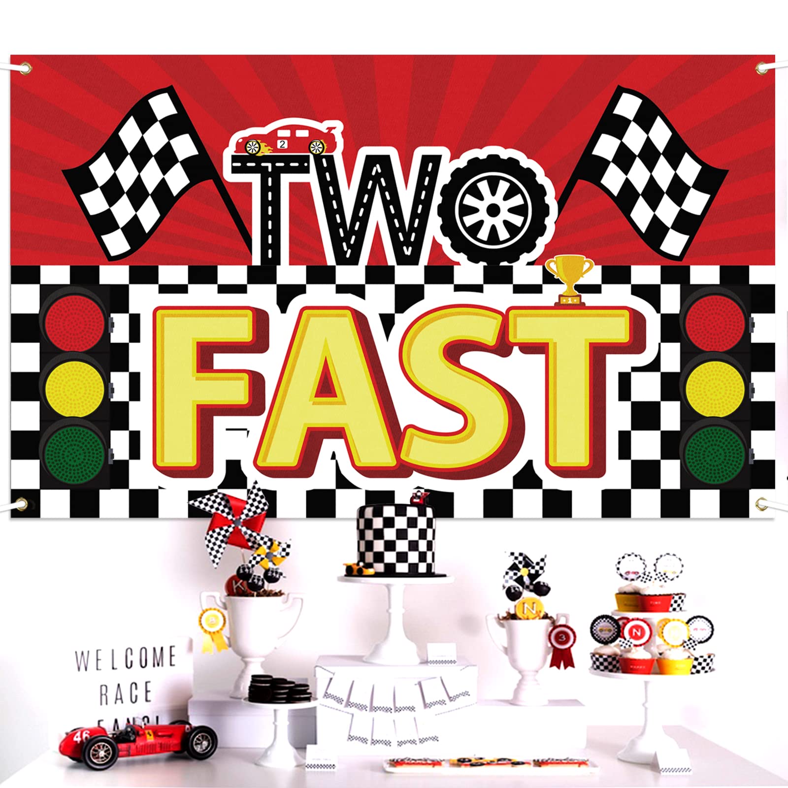 LASKYER Racing Car Two Fast Large Banner - Cheers to 2nd Birthday Home Wall Photoprop Backdrop,2nd Birthday Party Decorations.