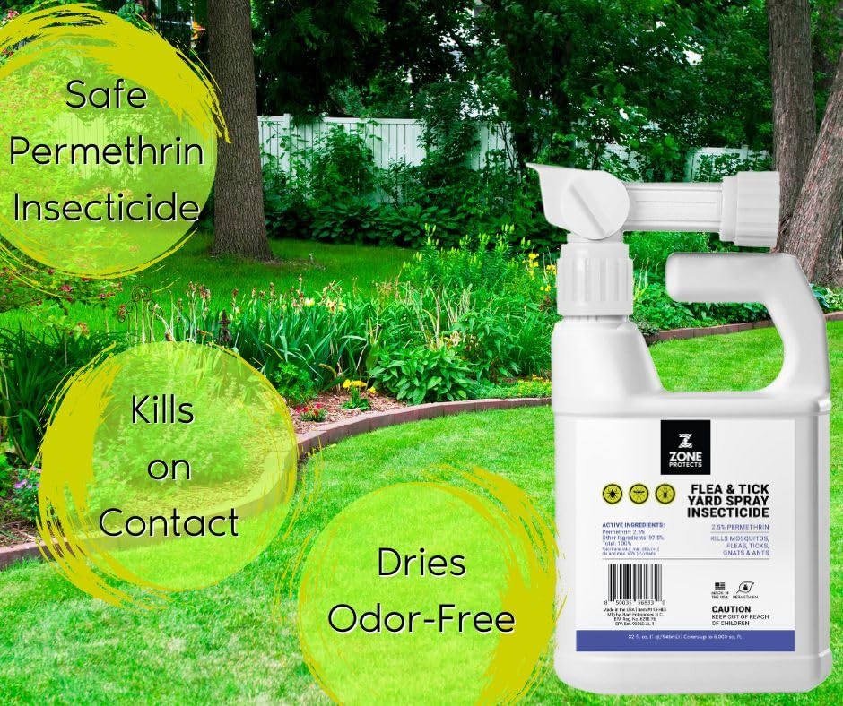 Zone Protects Flea and Tick Yard Permethrin Insecticide. Kills Ticks, Fleas, Spiders, Ants. Hose End (32 oz) Permethrin Yard Spray. Covers 10,000 sq.ft. Permethrin is Odorless