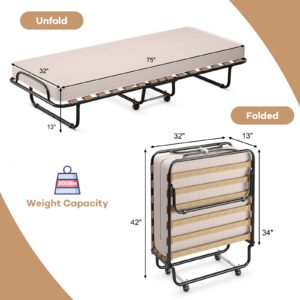 RELAX4LIFE Folding Bed with Mattress, Rollaway Guest Bed w/Metal Frame, Memory Foam Mattress, Portable Fold Up Bed for Small Space Apartment Home, 75’’ x 32’’ Cot Size, Foldable Bed for Adults (Beige)