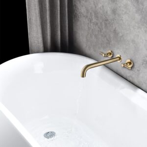 DEOKXZ Bathtub Faucet Wall Mounted Brass Gold, Double Handle Brushed Gold Bathroom Faucet, Extra Long Spout High Flow with Thick Valve