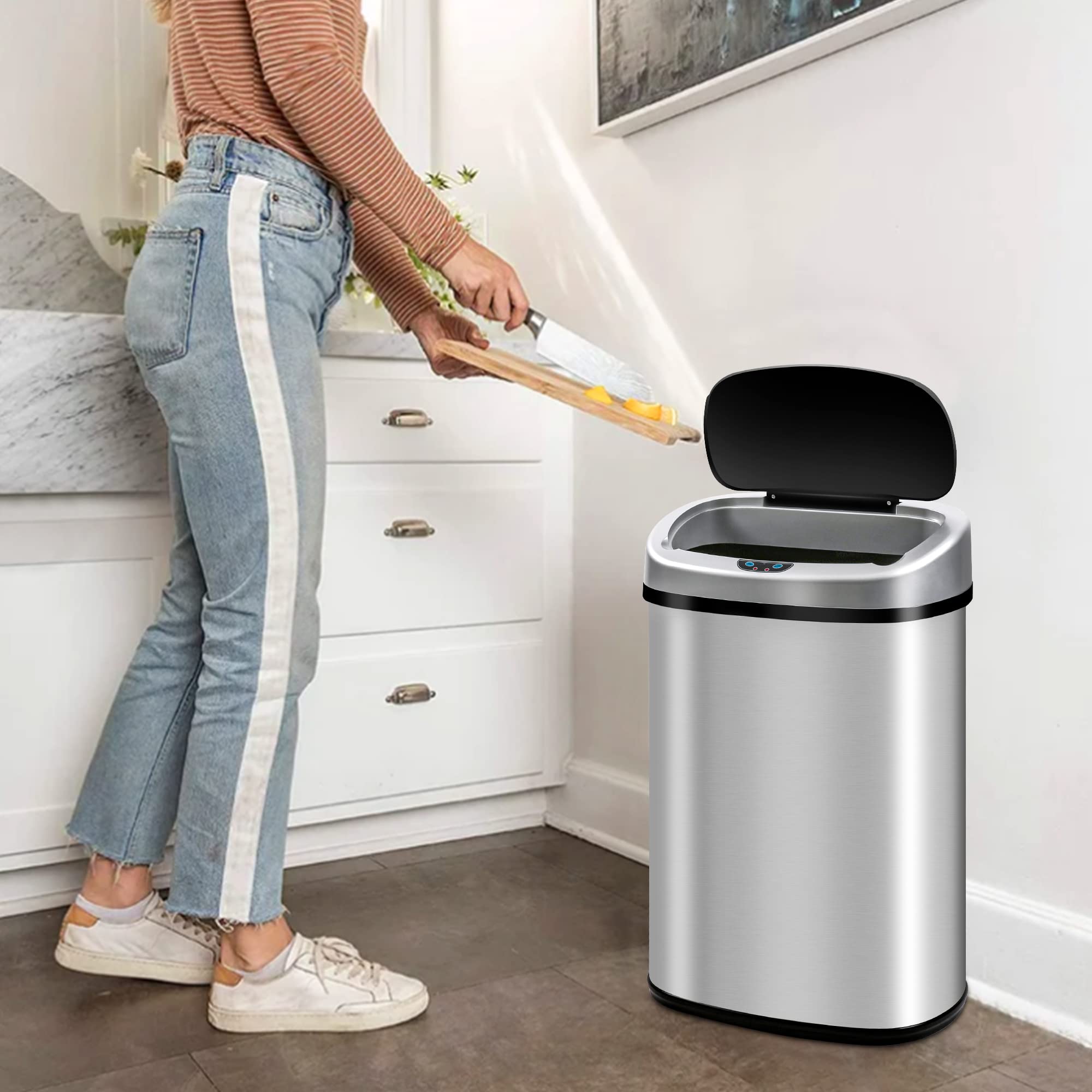 PikaTop Stainless Steel 13 Gallon Trash Can, Simple Trash Bin with Automatic Touchless Infrared Motion Sensor, Fingerprint-Resistant, Hygienic and Multi-Functional