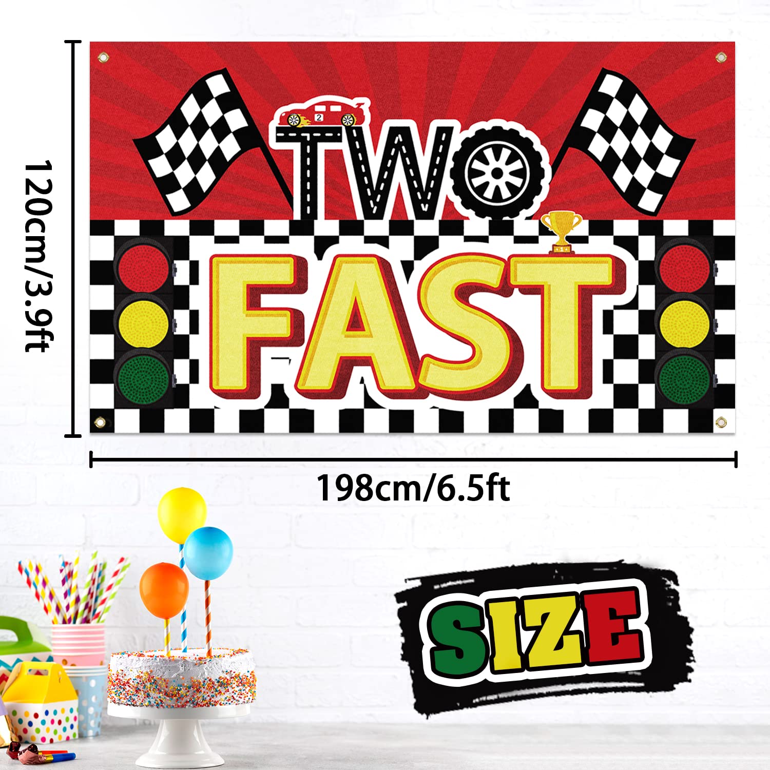 LASKYER Racing Car Two Fast Large Banner - Cheers to 2nd Birthday Home Wall Photoprop Backdrop,2nd Birthday Party Decorations.