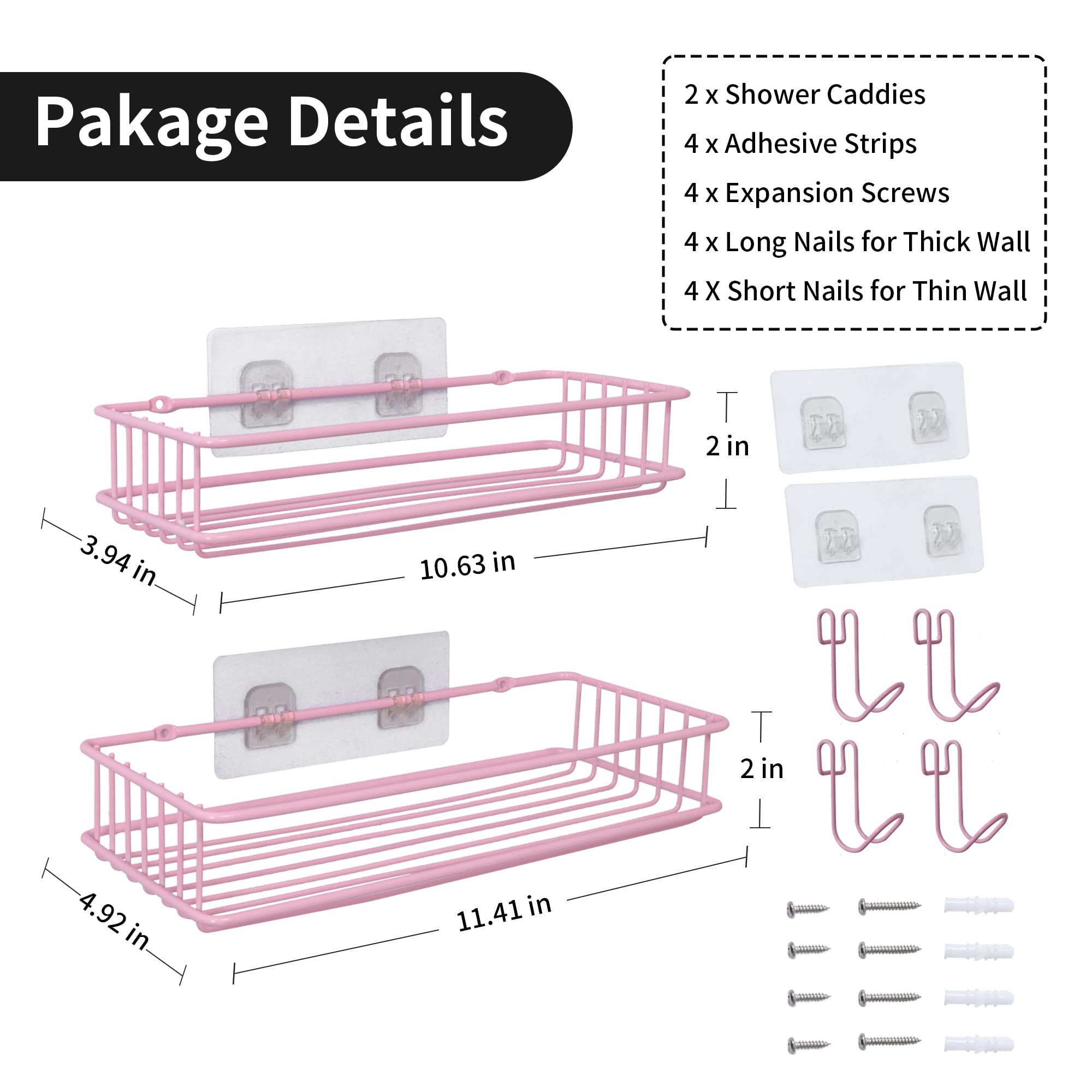 TONLEA Shower Caddy, Shower Organizer for Bathroom, 2-Pack Rustproof Stainless Steel Shower Shelves with Hooks for Bathroom Storage, Adhesive or Drilling Kitchen Organization, Pink