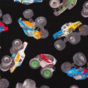 black cotton fabric from the usa by elizabeth's studio, various colourful monster trucks (per 0.5 yard)