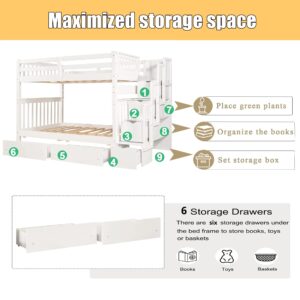 Full Over Full Bunk Bed with Shelves and 6 Storage Drawers, Solid Wooden Bunk Bed Frame with Storag Staircase, Safety Guardrail for Kids Teens Adults, No Box Spring Needed (White)