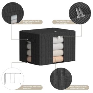 3 Pack Clothes Storage Bins - Stackable Metal Frame Storage Box Foldable Oxford Fabric Clothes Container Organizer with Clear Window & Carry Handles (Black, 19.7x 15.7x 12.6 Inches)