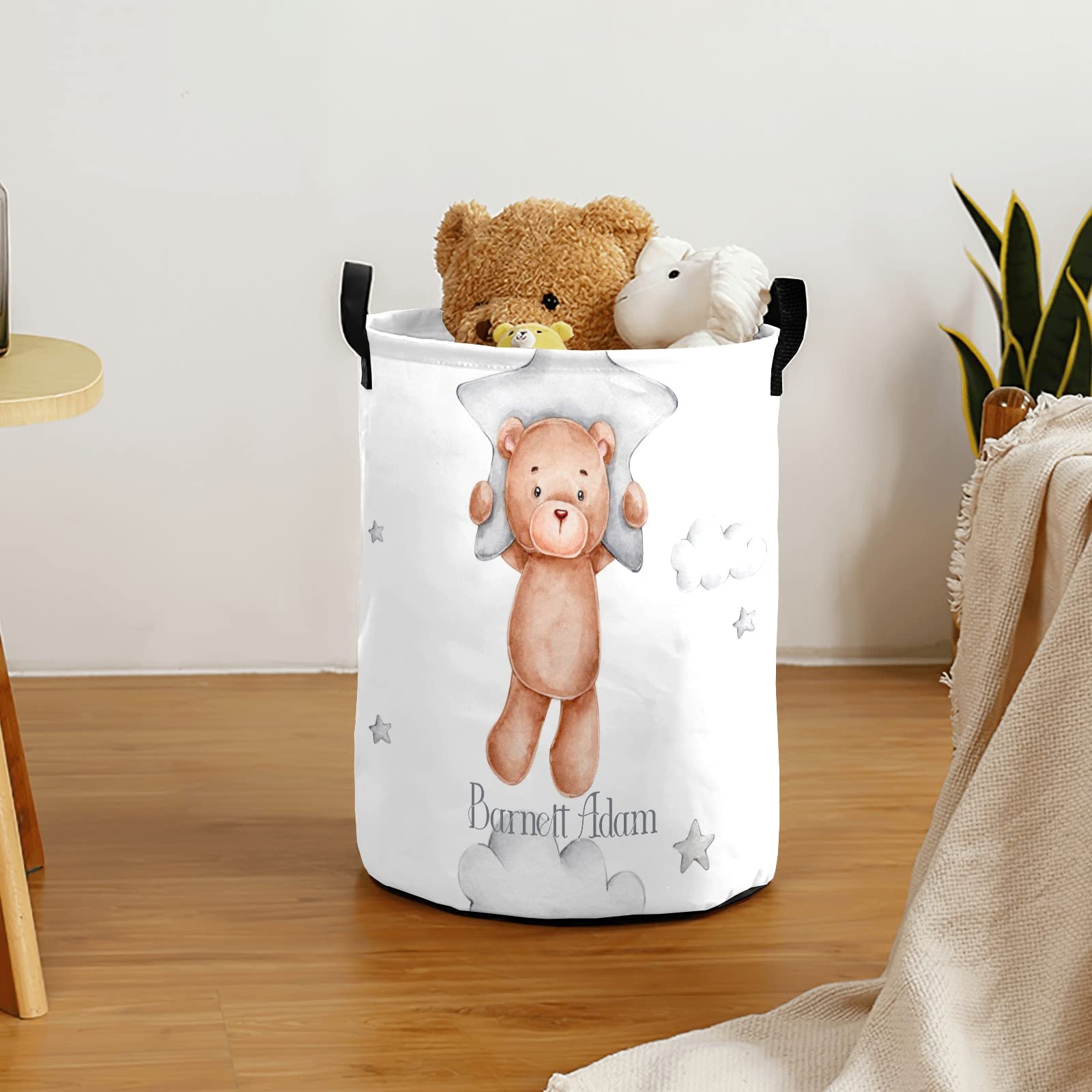 Personalized Laundry Baskets Bin, Teddy Bear Cloud Stars Laundry Hamper with Handles, Collapsible Waterproof Clothes Hamper, Laundry Bin, Clothes Toys Storage Basket for Bedroom, Bathroom, College Dorm 50L