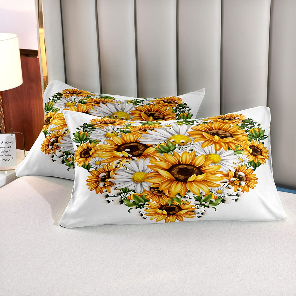 Abosbeet Cal King Comforter Cover Sets Sunflowers Loving Heart Pattern Botanical Bedding Sets 2 Pillowshames White and Yellow Flowers Bedding Duvet Cover