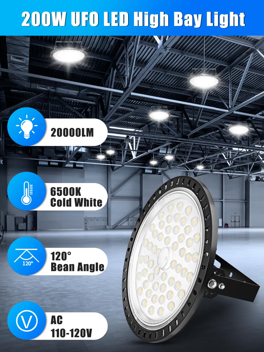 UFO LED High Bay Lights 200W 5 Packs,Super Bright 20000LM High Bay LED Shop Lights,6500K Daylight High Bay LED Lights,Waterproof High Bay Lighting,LED High Bay Light for Factory Warehouse Workshop