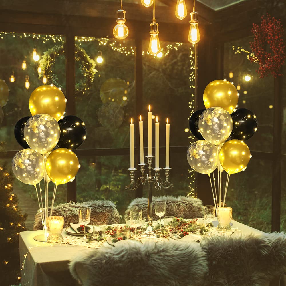 Ainiv 2 Set Table Balloon Stand Kit with Lights, Light Up Balloon Holder Include 16 Black Gold Latex Confetti Balloons, Christmas Party Decorations for Birthday, Weddings, Anniversary and Graduation