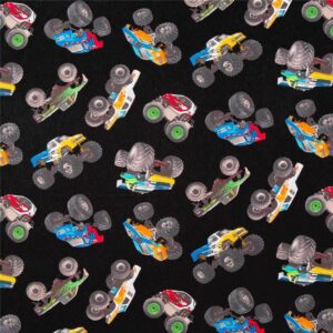 Black cotton fabric from the USA by Elizabeth's Studio, various colourful monster trucks (per 0.5 yard)