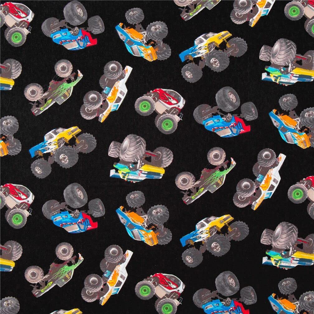 Black cotton fabric from the USA by Elizabeth's Studio, various colourful monster trucks (per 0.5 yard)