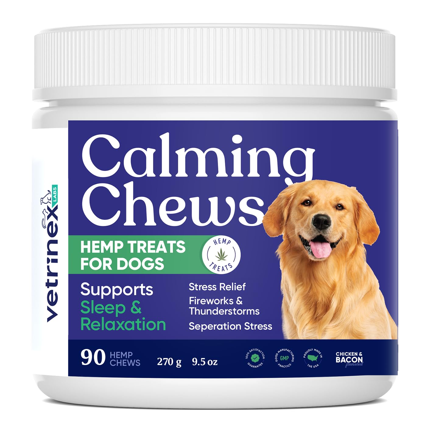 Calming Hemp Chews for Dogs - Pet Supplements for Anxiety Relief & Stress, Thunderstorms, Barking and Fireworks - Chicken & Bacon Flavour - 90 Treats