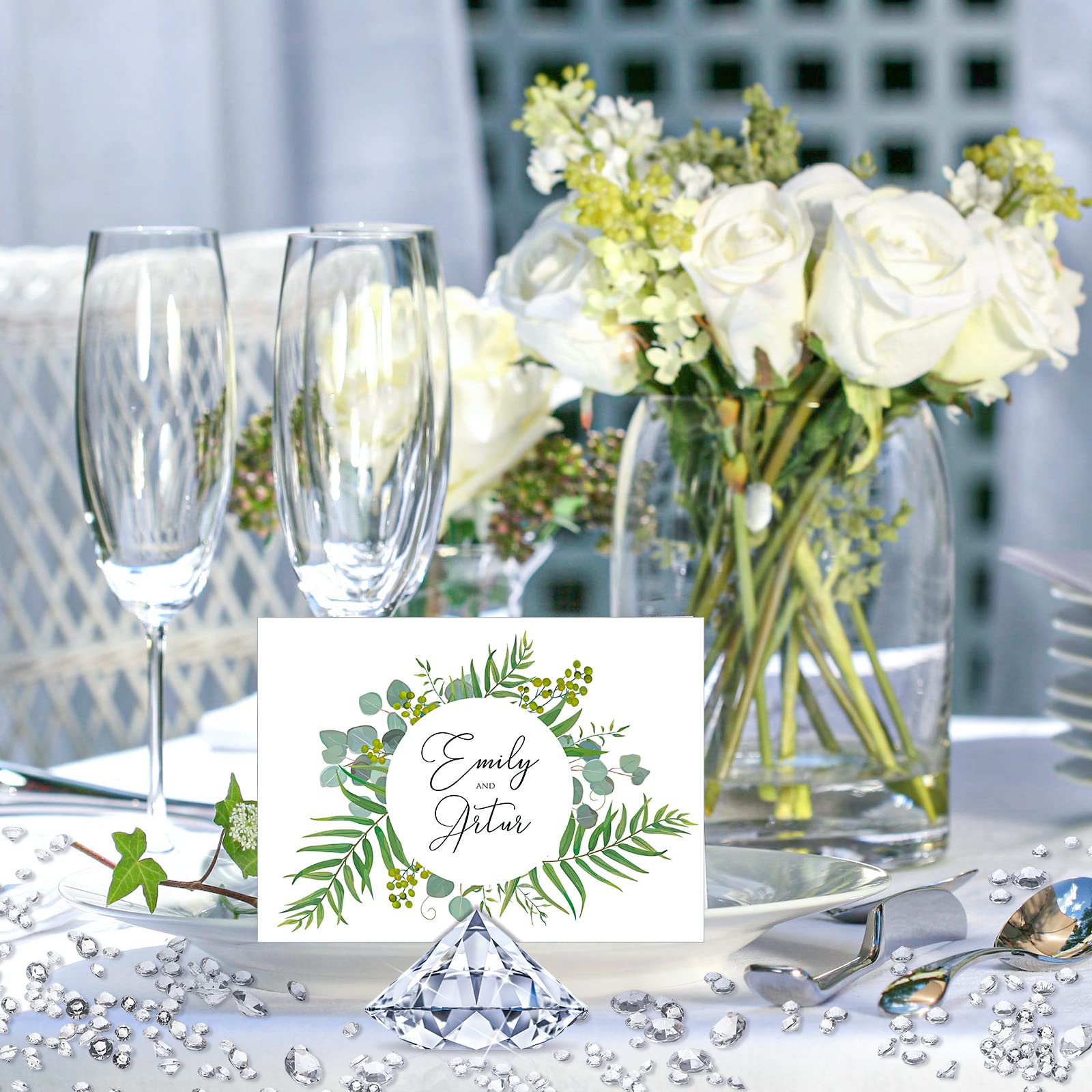 1624 Piece Diamond Place Card Holders Decorations includes 24 Pieces Acrylic table Number Holders for Wedding and 1600 Pieces Crystal Confetti Clear Diamond for Party Weddings