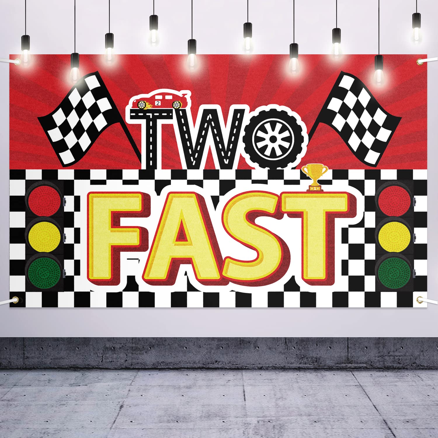 LASKYER Racing Car Two Fast Large Banner - Cheers to 2nd Birthday Home Wall Photoprop Backdrop,2nd Birthday Party Decorations.