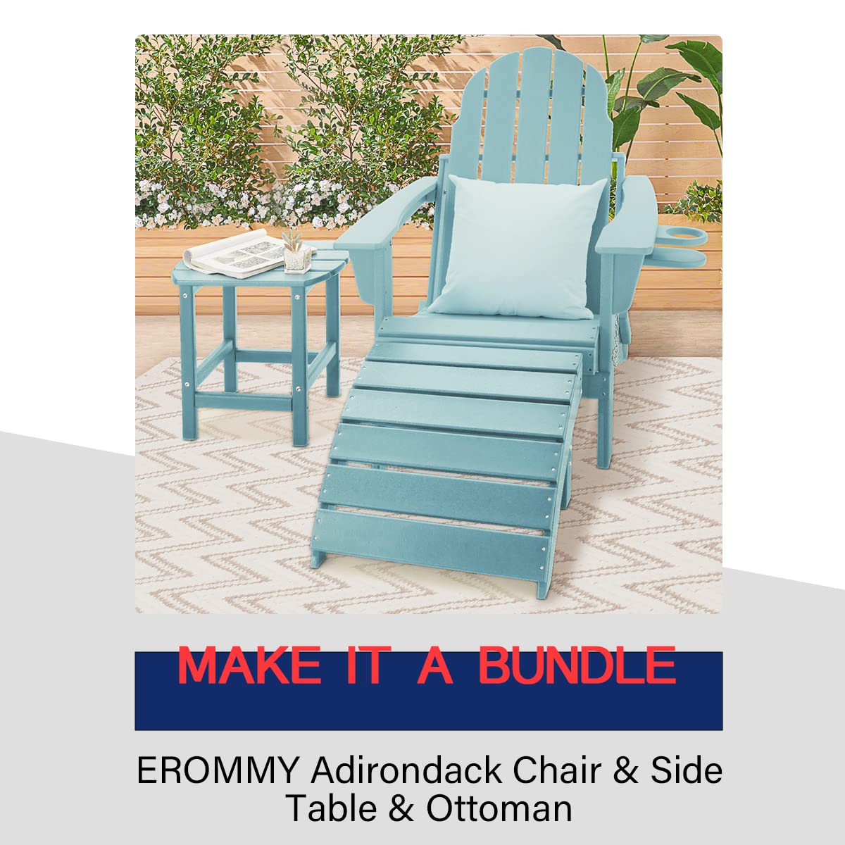 EROMMY HDPE Adirondack Ottoman, Outdoor Retractable Foot Rest for Adirondack Chairs, All Weather Foot Stool for Garden, Backyard, Lawn, Aruba Blue