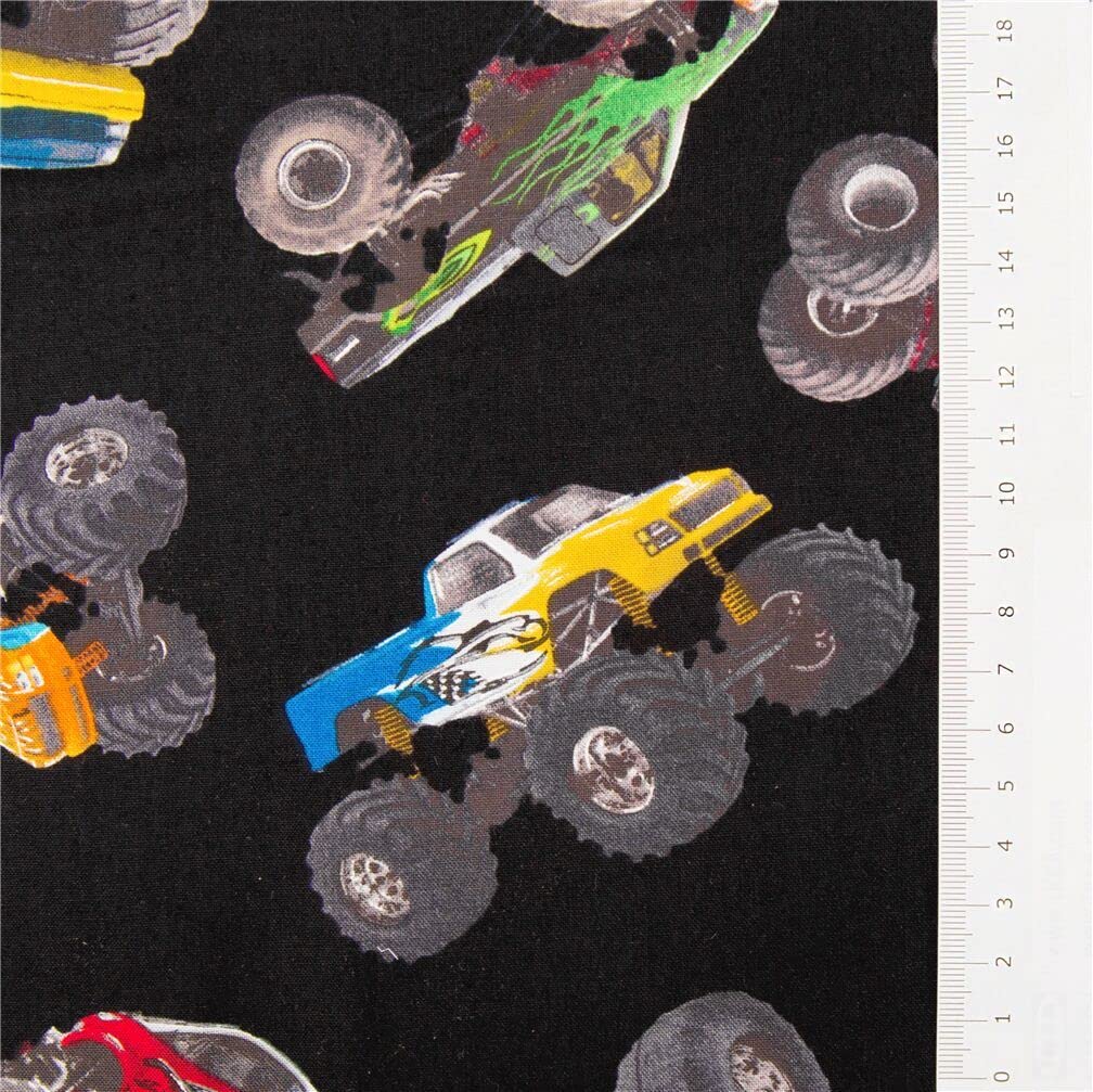 Black cotton fabric from the USA by Elizabeth's Studio, various colourful monster trucks (per 0.5 yard)