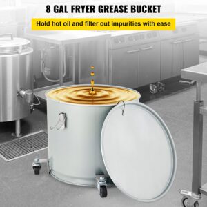 VEVOR Fryer Grease Bucket, 8 Gal/30 L, Coated Carbon Steel Oil Filter Pot with Caster Base, Oil Disposal Caddy with 62 LBS Capacity, Transport Container with Lid Lock Clip Nylon Filter Bag, Silver