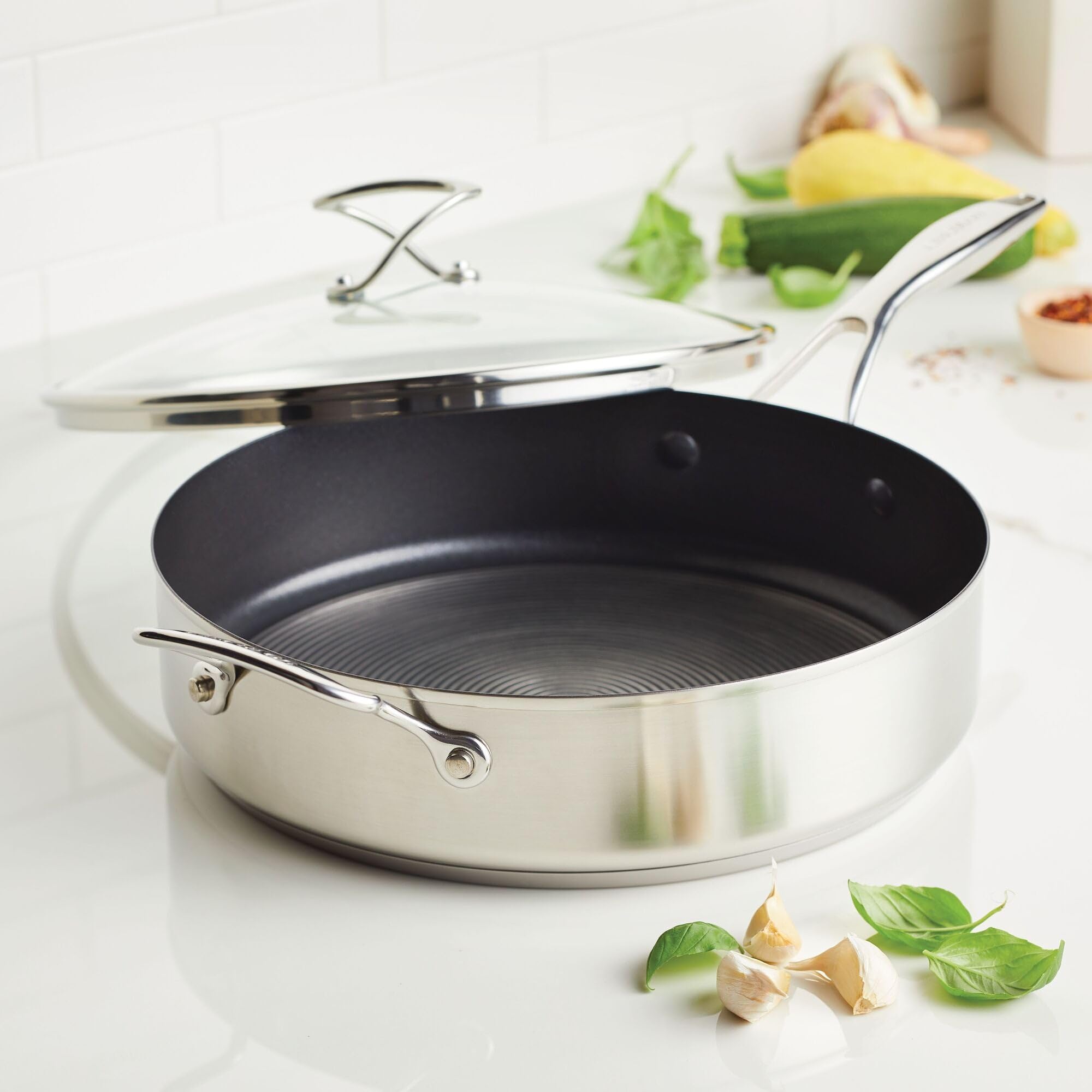 Circulon Stainless Steel Sauté Pan with Lid and SteelShield Hybrid Stainless and Nonstick Technology, 5 Quart